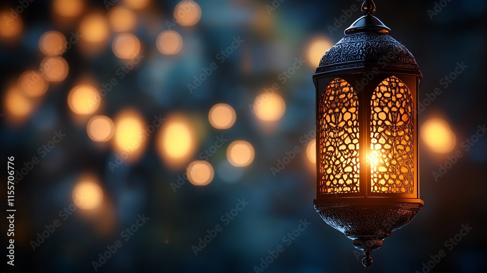 A close-up of an ornate black lantern with intricate metalwork and a glowing light inside is set against a dark blue background with out-of-focus lights. A close-up of an ornate black lantern with intricate metalwork and a glowing light inside is set against a dark blue background with out-of-focus lights.