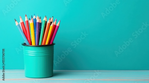 A vibrant collection of colored pencils in a teal pot against a matching background, perfect for art and creativity.