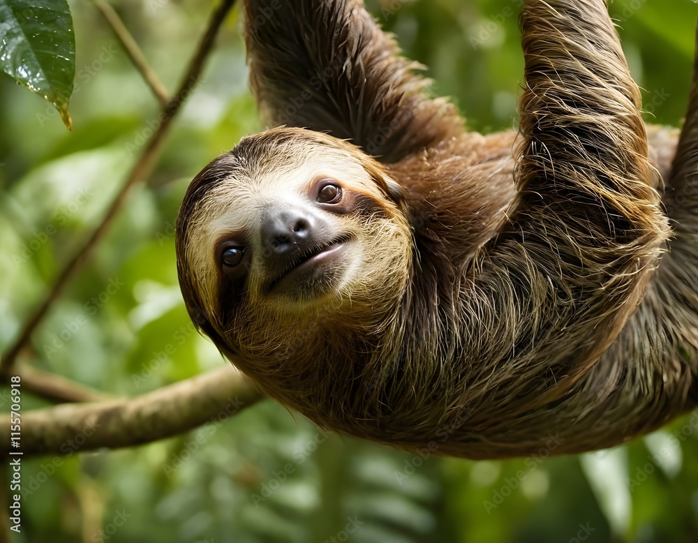 Funny sloth hanging on the branch of tree looking into the camera closeup shot Funny sloth hanging on the branch of tree looking into the camera closeup shot