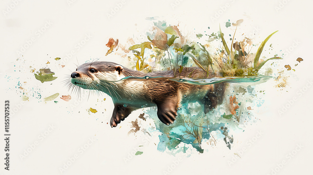 Obraz premium playful otter swims through pond, surrounded by vibrant plants and water. Its joyful movement creates lively scene