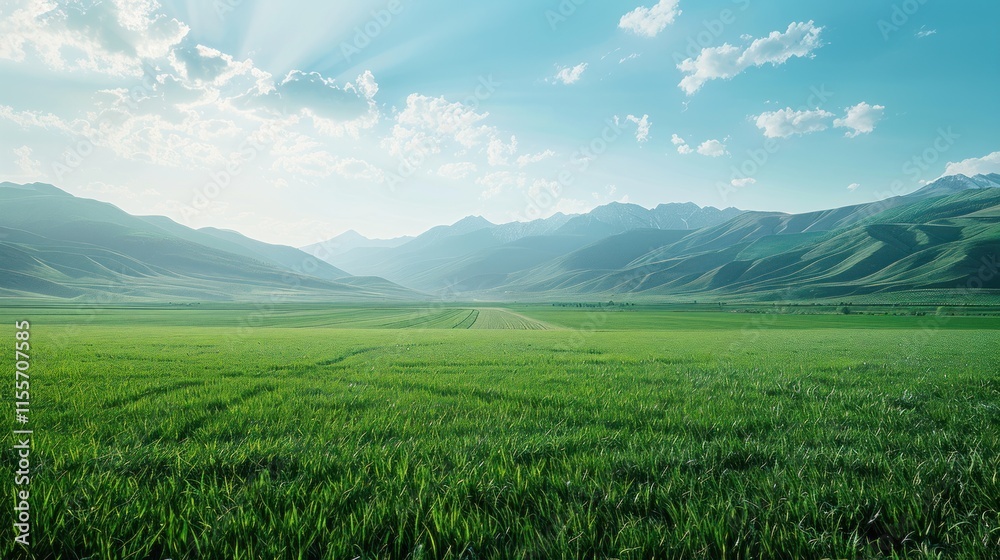 Fototapeta premium Serene Green Valley Landscape Under a Sunny Sky