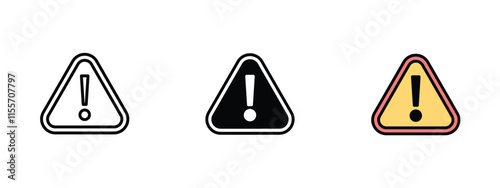 Set of 3 "Alert" icons with 1 line, 1 silhouette n 1 colored icon with an unexpanded vector inside - Alert icon featuring exclamation mark within triangle designed to symbolize warnings notifications 