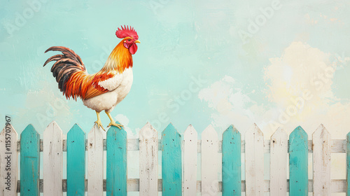 proud rooster standing atop colorful barnyard fence, showcasing its vibrant feathers and confident stance