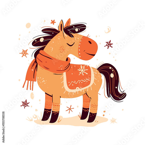 A cartoon horse with a scarf on its neck is standing in the snow. The horse appears to be happy and content, and the scene has a cozy, wintery feel