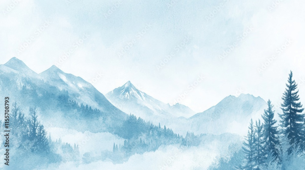 Snowy mountain landscape with pine trees in a minimalist winter doodle design featuring ample copy space. Generative AI Snowy mountain landscape with pine trees in a minimalist winter doodle design featuring ample copy space. Generative AI