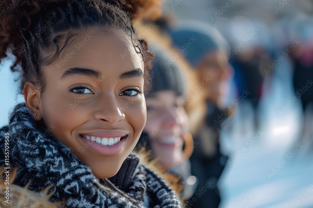 A joyful young woman smiles brightly in a winter setting, surrounded by friends enjoying the snowy day. A joyful young woman smiles brightly in a winter setting, surrounded by friends enjoying the snowy day.
