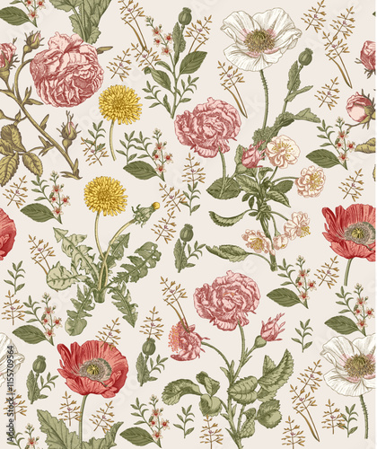 Seamless pattern. Beautiful fabric blooming realistic isolated flowers. Vintage background. Rose primrose primula wildflowers. Wallpaper baroque bouquet Drawing engraving Vector victorian