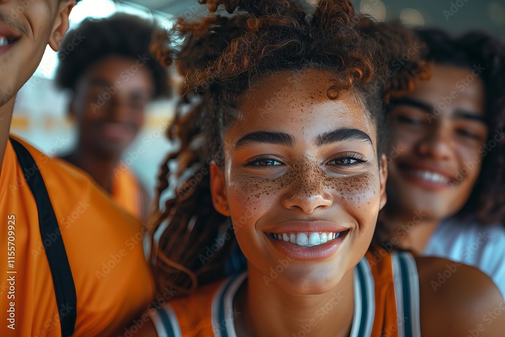 Fototapeta premium A joyful young woman with braided hair smiles brightly, representing teamwork and athletic spirit in basketball.