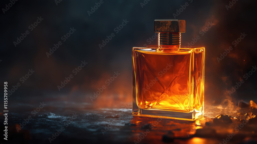 glowing amber perfume bottle with textured cap, surrounded by mist and smoke, creates captivating and luxurious atmosphere glowing amber perfume bottle with textured cap, surrounded by mist and smoke, creates captivating and luxurious atmosphere