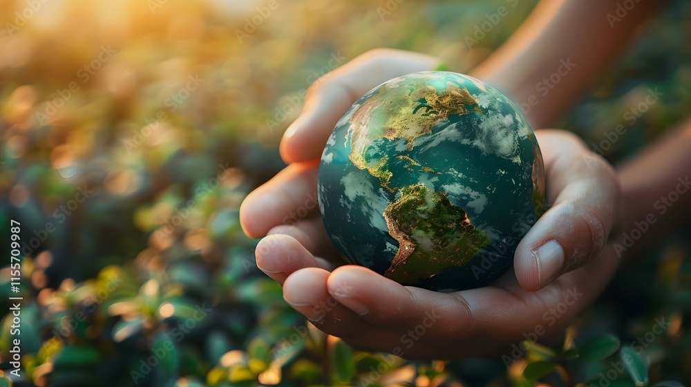 Hands Holding a Small Globe Among Lush Green Foliage at Sunset Hands Holding a Small Globe Among Lush Green Foliage at Sunset