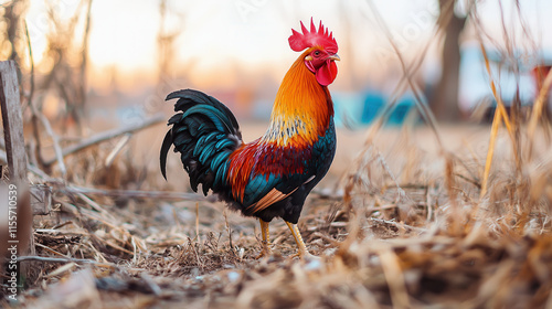 vibrant rooster standing proudly in barnyard, showcasing its colorful feathers and confident stance photo