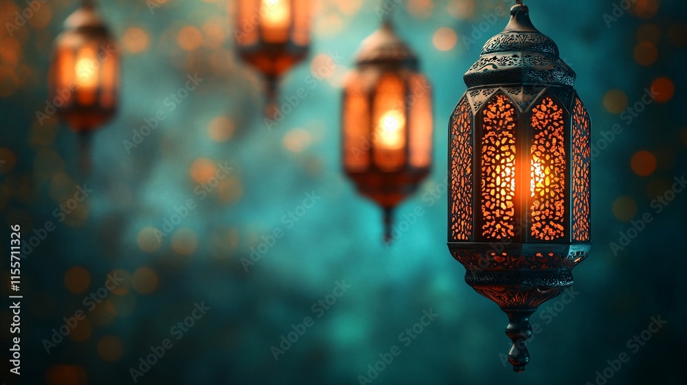 Lanterns with intricate designs and warm lighting hang against a dark blue-green background. Lanterns with intricate designs and warm lighting hang against a dark blue-green background.