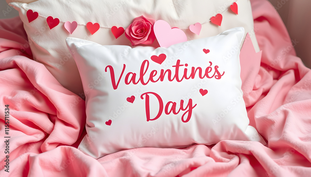 Pillow mockup with Valentine's Day decor on pink blanket, Paper Cutout style. isolated with white shades Pillow mockup with Valentine's Day decor on pink blanket, Paper Cutout style. isolated with white shades