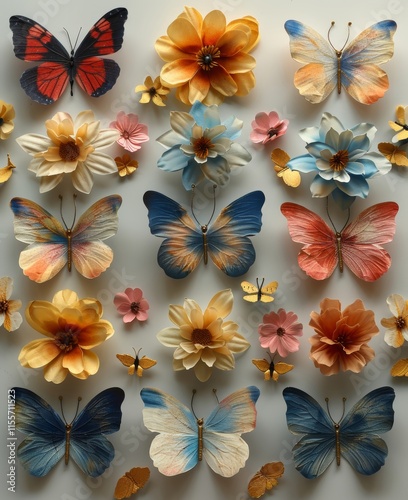Colorful butterfly and flower themed die cut stickers arranged on a white background for decorative purposes