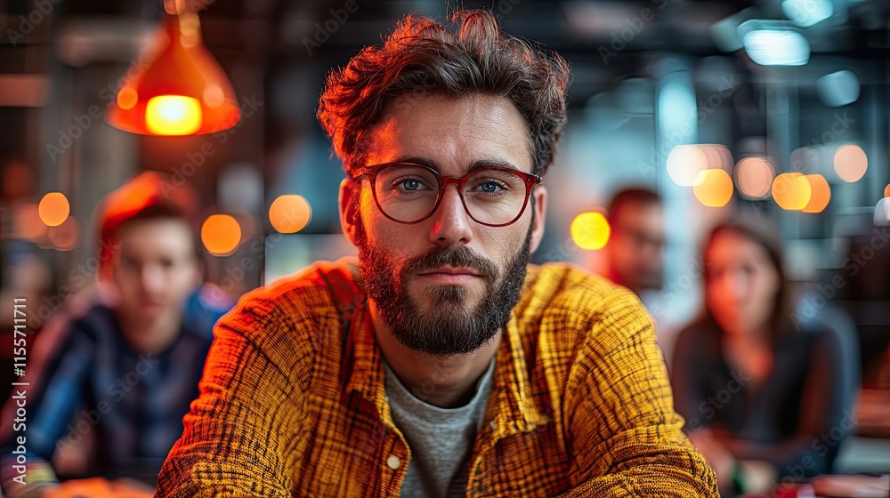 Fototapeta premium Young man with glasses sits at a cafe with friends in warm, ambient lighting during an evening gathering