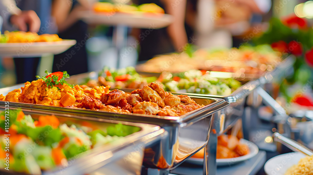 Vibrant buffet spread featuring grilled chicken, roasted vegetables, and garnishes in stainless steel trays, ready to serve Vibrant buffet spread featuring grilled chicken, roasted vegetables, and garnishes in stainless steel trays, ready to serve