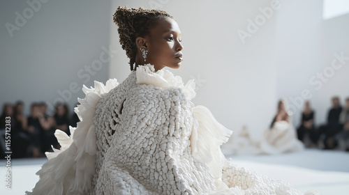 Model walking on fashion show wearing a contemporary style white dress
