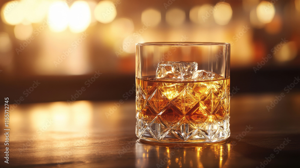 glass of premium whiskey with ice cubes, reflecting warm light, creates cozy atmosphere. Perfect for relaxation or celebration glass of premium whiskey with ice cubes, reflecting warm light, creates cozy atmosphere. Perfect for relaxation or celebration