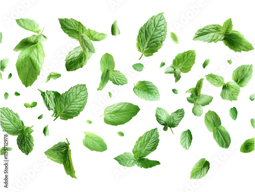 Floating Mint Leaves in Air with a Vibrant Transparent Background