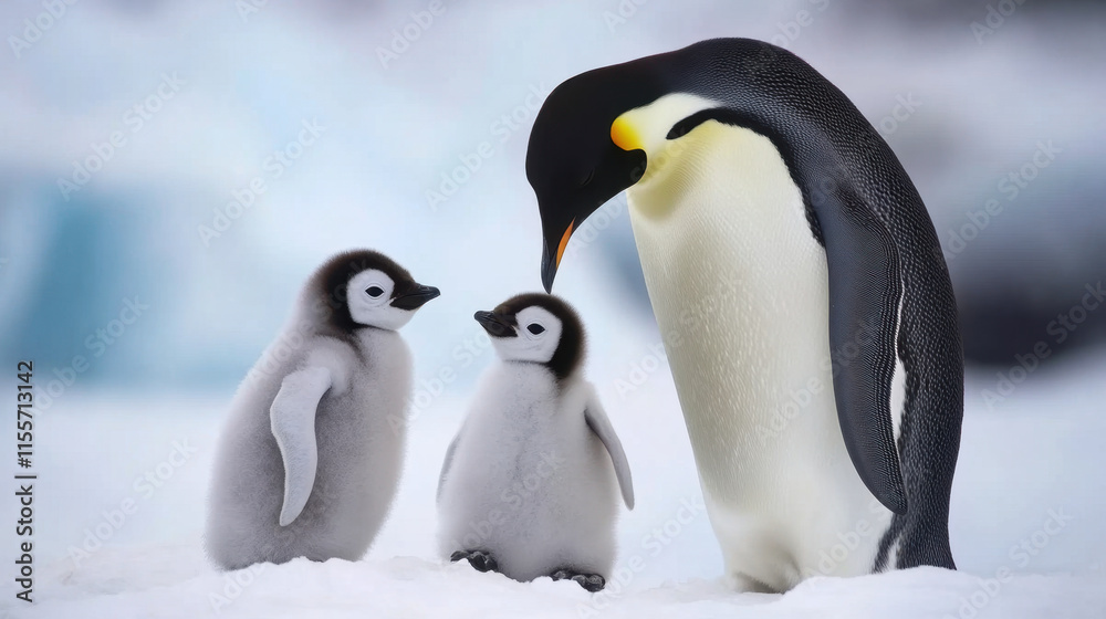 Fototapeta premium Caring emperor penguin with two fluffy chicks in snowy landscape, showcasing tender family moment. scene captures beauty of wildlife and parental love