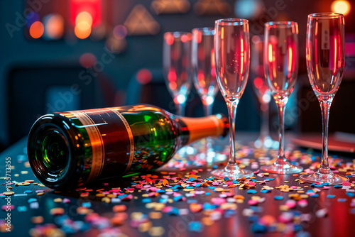 Upside-down champagne bottle on a table with glasses and confetti remnants after a party