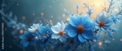 Elegant Blue Flowers with Golden Branches in a Dreamy Artistic Background of Sparkling Lights and Soft Blur, Showcasing Nature's Beauty and Grace