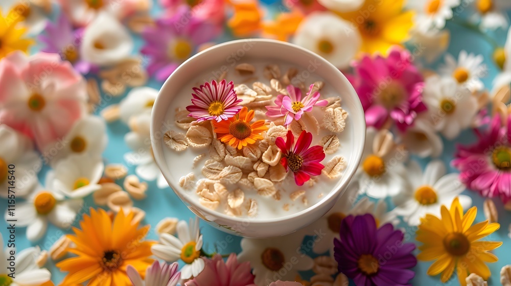 Fresh Yogurt Bowl Decorated with Edible Flowers and Oats Fresh Yogurt Bowl Decorated with Edible Flowers and Oats