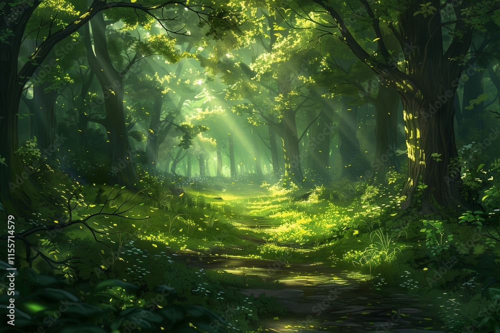 Fototapeta premium A serene forest pathway illuminated by soft sunlight filtering through lush green trees.