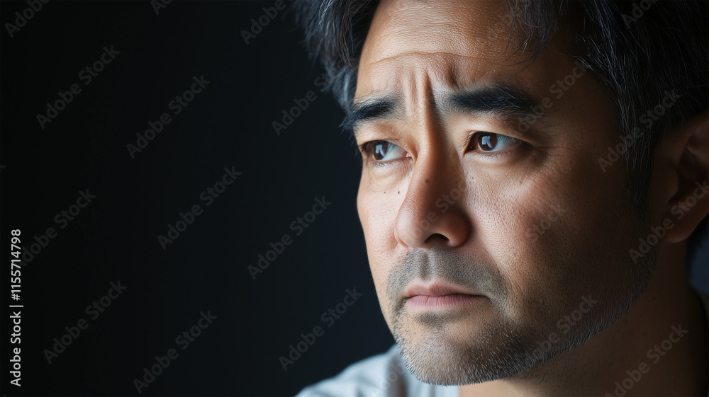 Fototapeta premium 一点を見つめる疑問深い日本人男性の静寂なポートレート