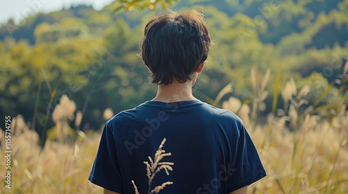 A person wearing a navy blue T-shirt at a scenic outdoor location