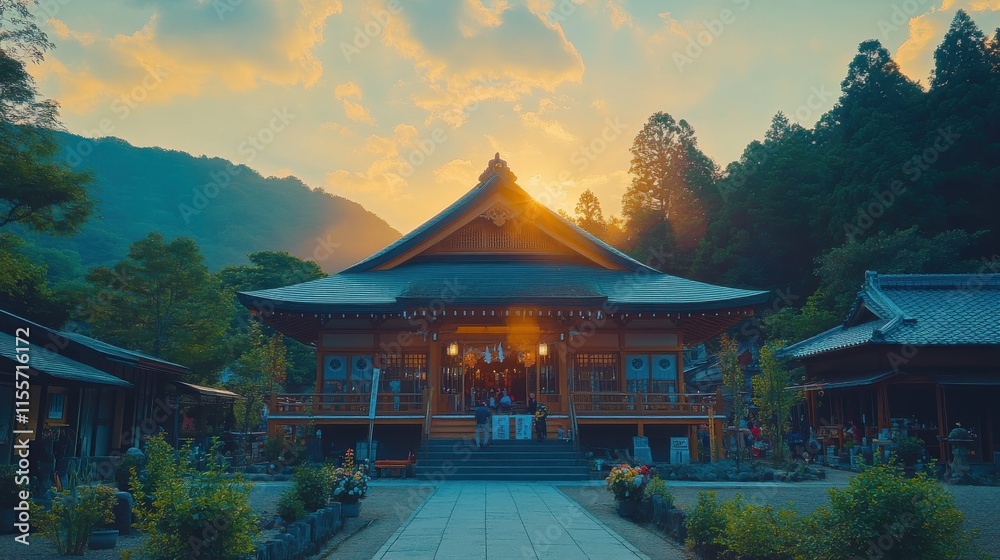 Obraz premium Serene Scene at Shinto Shrine with People Gathering at Sunset