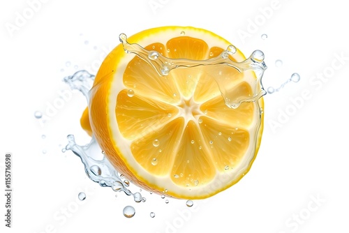 A fresh lemon slice splashes in water, highlighting its juicy texture and vibrant color.