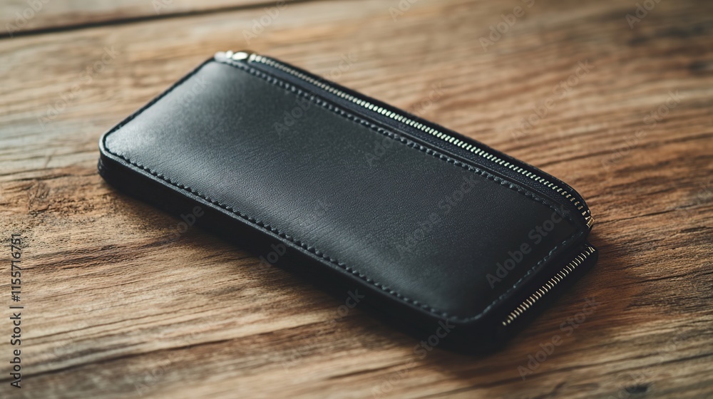 Black Leather Wallet on Wooden Surface Black Leather Wallet on Wooden Surface