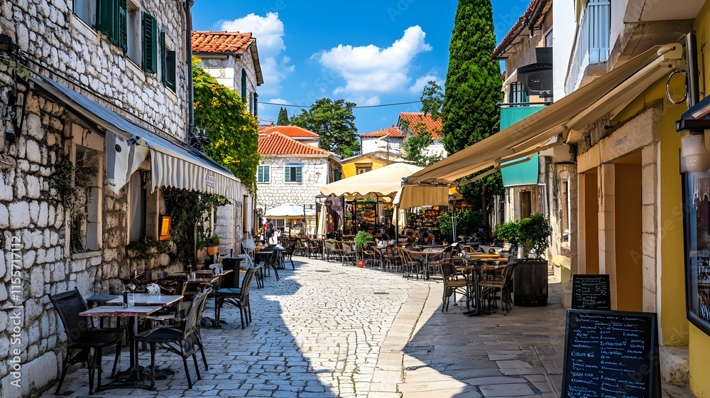 Obraz premium Charming European Village Stroll Cobblestone Streets and Scenic Views Idyllic Village in Europe Picturesque European Village Escape.Historic Cobblestone Pathways