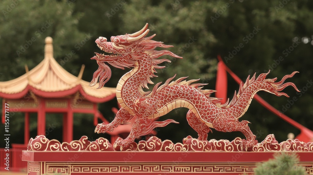 Fototapeta premium Intricate Red Dragon Sculpture Featured in Traditional Asian Architecture Landscape Setting