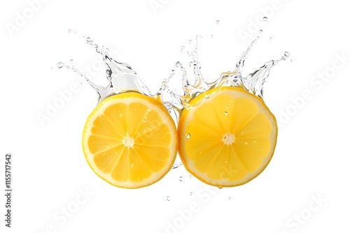 Sliced lemon halves splashing in water, showcasing freshness and zest.