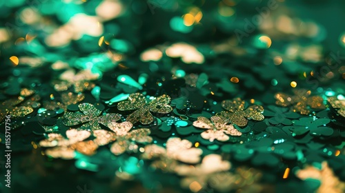  A pile of glittery shamrock confetti spread across a party tablet