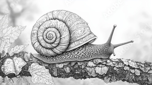 Intricate Black and White Illustration of a Snail on a Branch