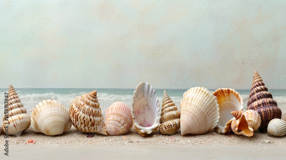 Beautiful Variety of Seashells on Sandy Beach Shoreline Beautiful Variety of Seashells on Sandy Beach Shoreline