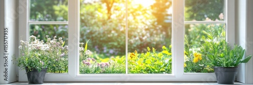 Bright flowers and green plants visible through a sunny window with a garden view. Generative AI