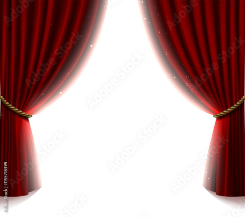 3d realistic vector icon illustration. Movie cinema or opera hall. Red velvet curtain prapery. with golden elements and tessels. Isolated.