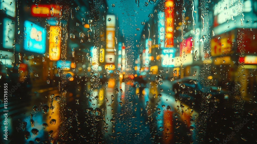 Fototapeta premium Night City Scene Through Rainy Window with Colorful Neon Lights