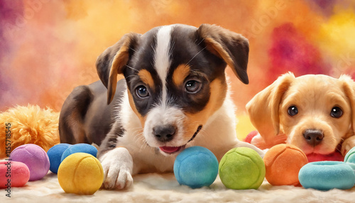 Engaging digital painting of curious puppies examining colorful toys in warm lighting for print