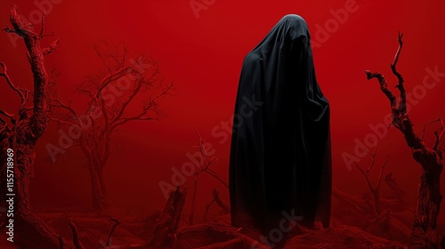 A shrouded figure in a black cloak stands in a desolate, barren landscape with twisted trees against a crimson red background, evoking an atmosphere of dread and mystery.