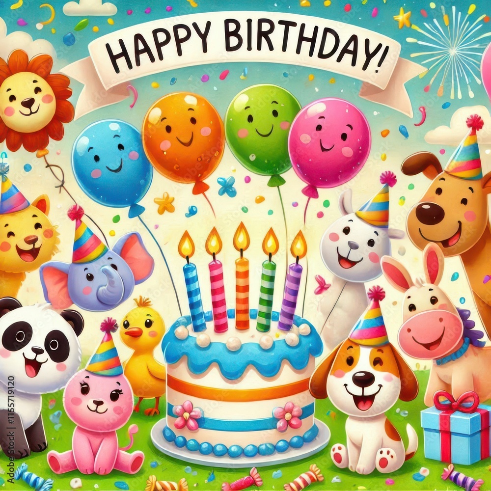 Fototapeta premium happy birthday card with balloons content created with generative AI software.