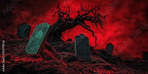 A desolate graveyard with tilted tombstones and a twisted, barren tree against a fiery red sky, evoking a scene of horror, desolation, and mystery. photo