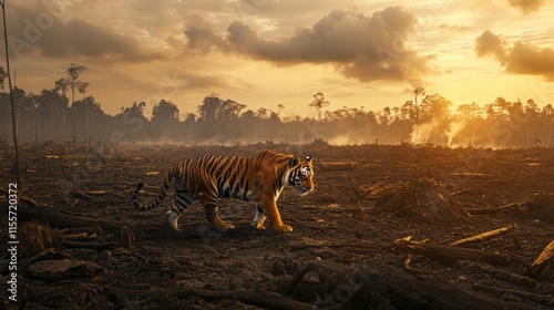 Fototapeta Naklejka Na Ścianę i Meble -  Solitary tiger roams through deforested jungle at sunset amidst the destruction of its natural habitat. Generative AI