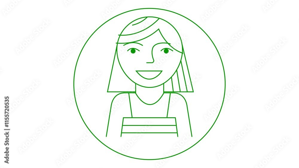 Animated green linear symbol of girl is drawn. Icon of smiling woman. Sign of people. Looped video. Vector illustration isolated on white background. Animated green linear symbol of girl is drawn. Icon of smiling woman. Sign of people. Looped video. Vector illustration isolated on white background.