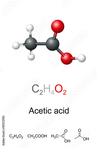 Acetic acid, ethanoic acid, molecule model and chemical structure. Acidic, colorless liquid and organic compound with chemical formula CH3COOH. Vinegar is at least 4 percent acetic acid by volume.