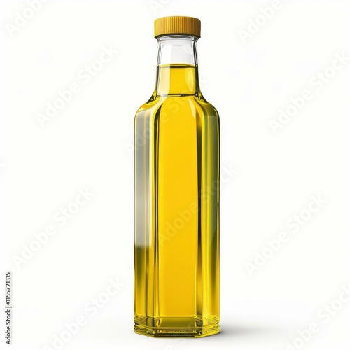 Elegant faceted glass bottle filled with golden liquid, set against a clean white background, ideal for showcasing cooking oil or other similar products photo